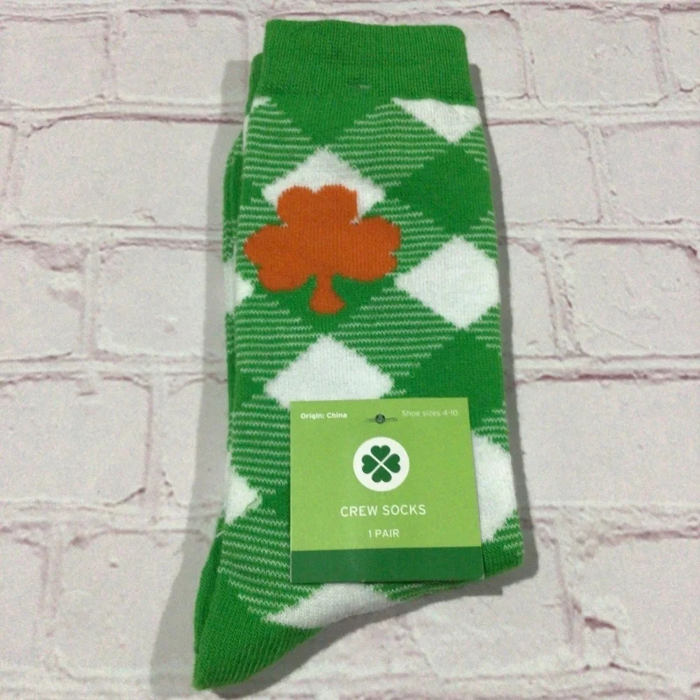 St. Patrick’s Day Green and Orange Shamrock Crew Socks - NWT